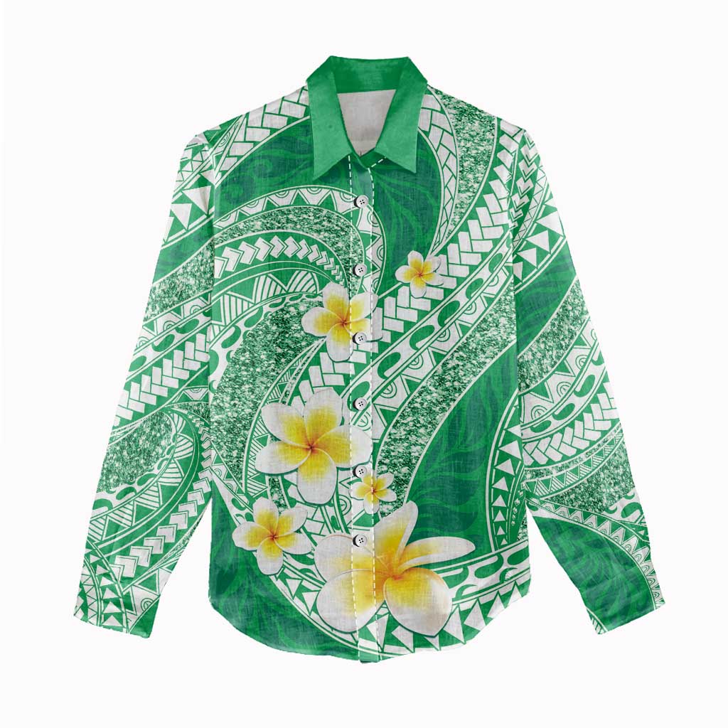 Plumeria Polynesian Green Glitter Pattern Women Casual Shirt LT01 - Polynesian Pride