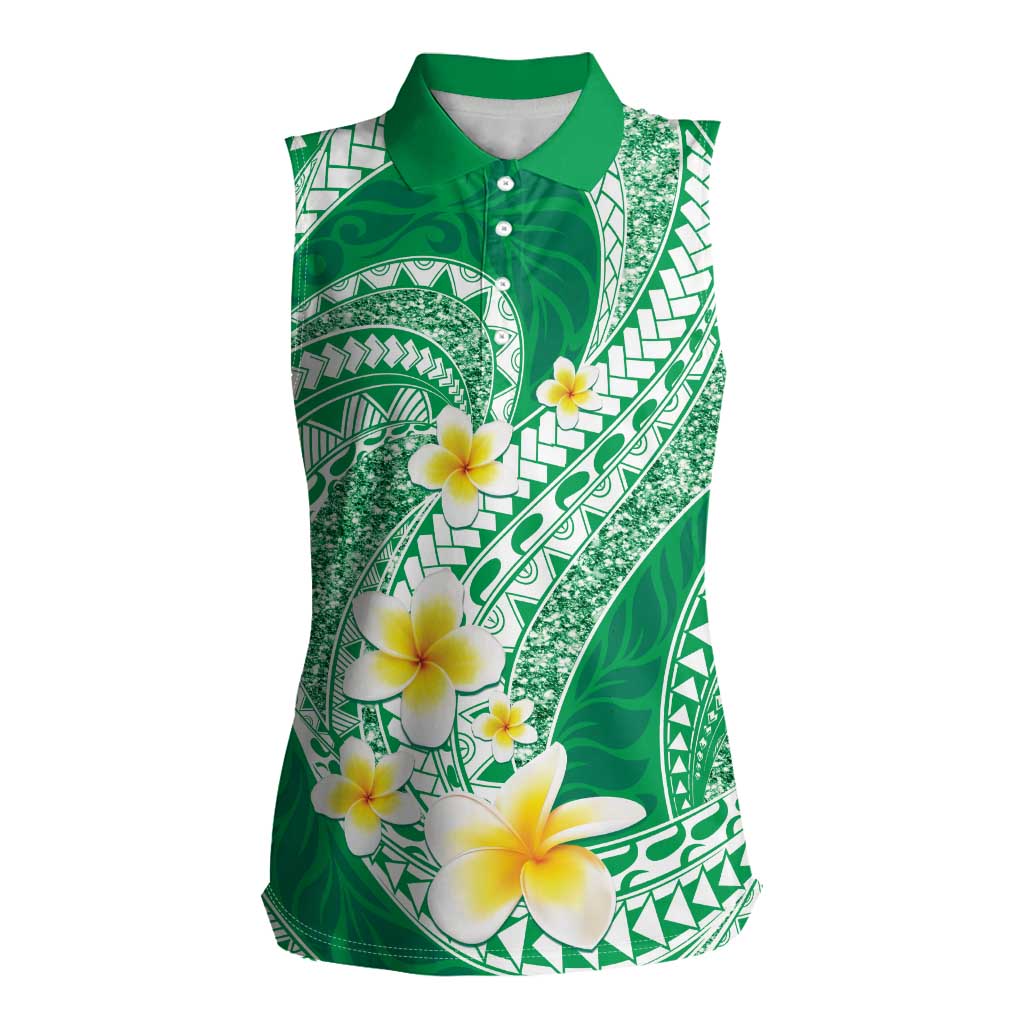 Plumeria Polynesian Green Glitter Pattern Women Sleeveless Polo Shirt