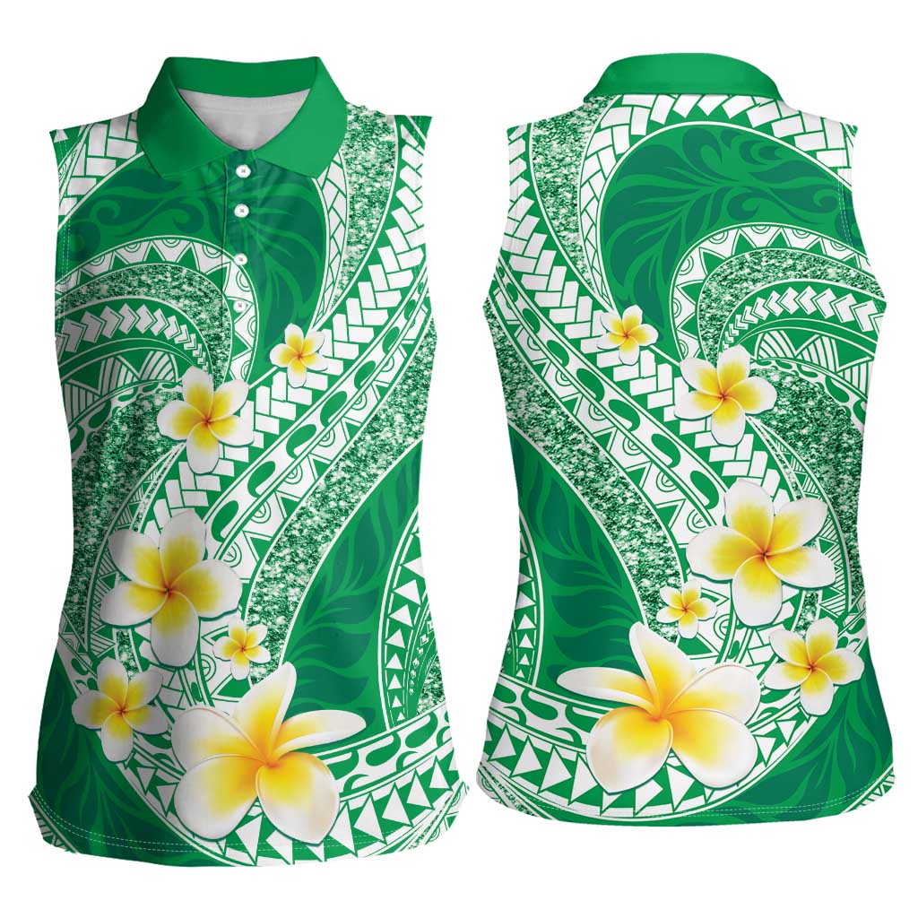 Plumeria Polynesian Green Glitter Pattern Women Sleeveless Polo Shirt