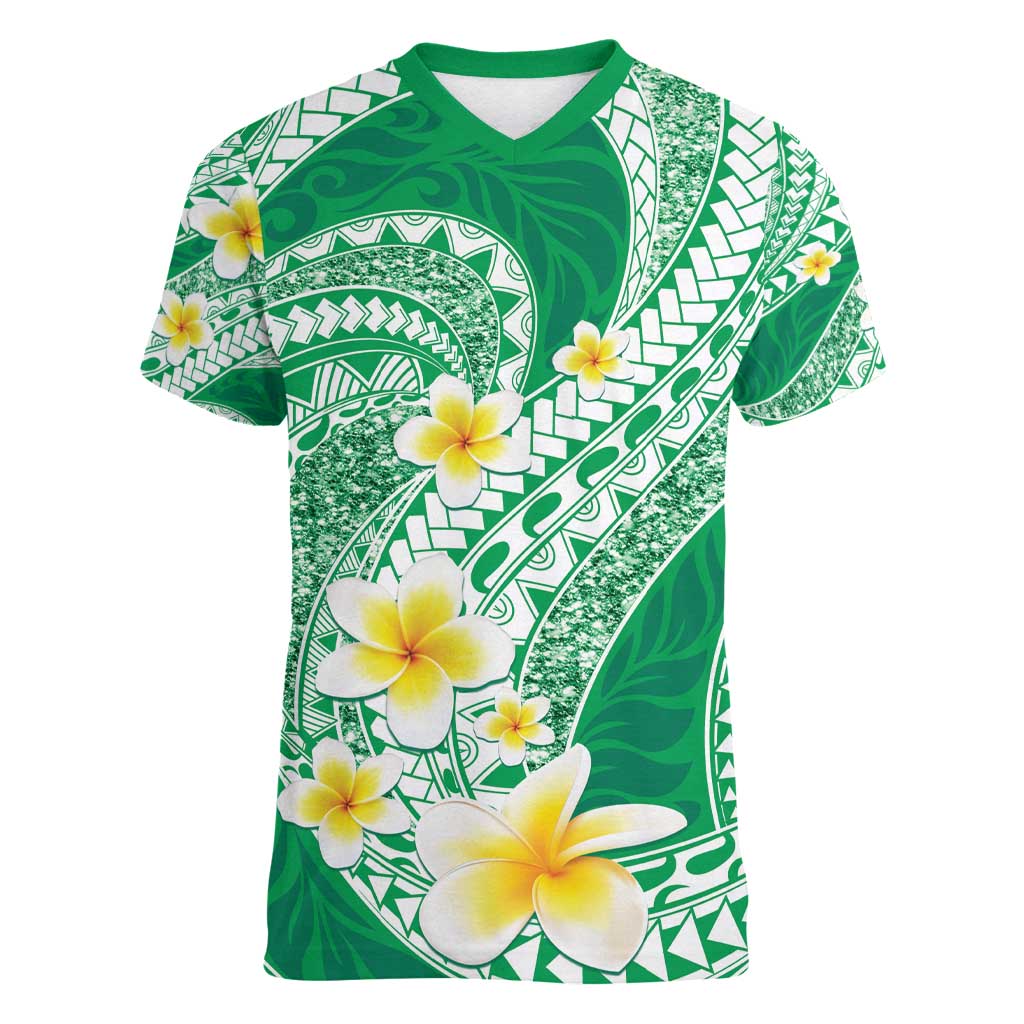 Plumeria Polynesian Green Glitter Pattern Women V-Neck T-Shirt