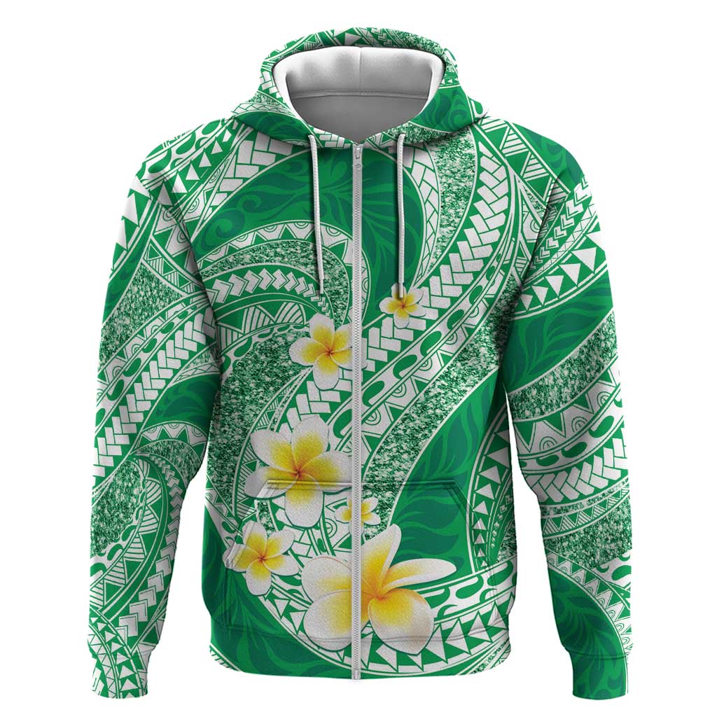 Plumeria Polynesian Green Glitter Pattern Zip Hoodie LT01 Zip Hoodie Green - Polynesian Pride