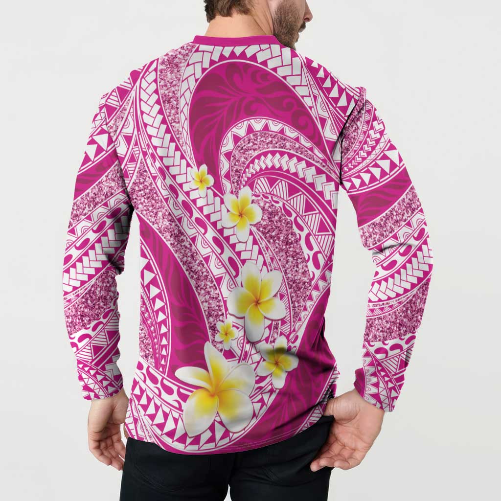 Plumeria Polynesian Pink Glitter Pattern Button Sweatshirt