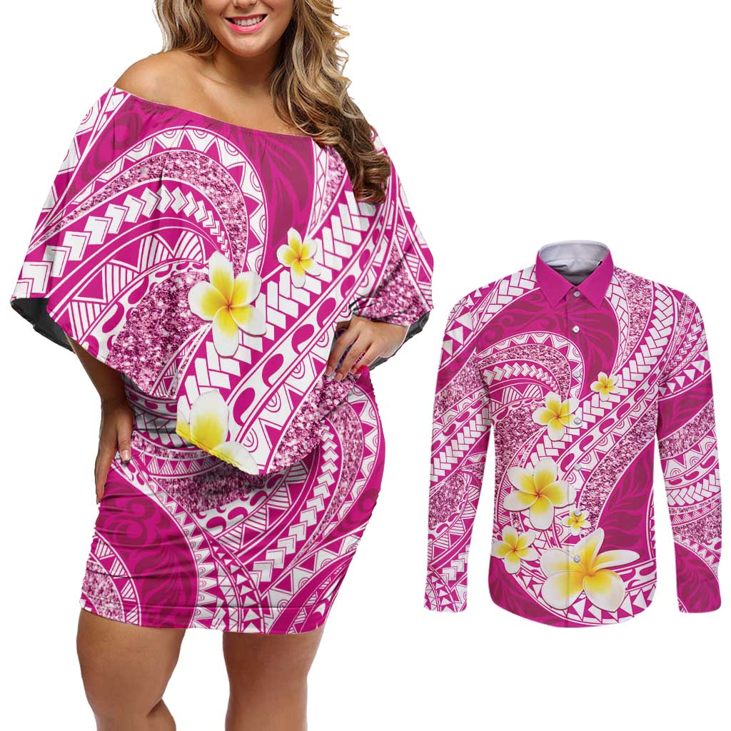 Plumeria Polynesian Pink Glitter Pattern Couples Matching Off Shoulder Short Dress and Long Sleeve Button Shirt