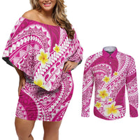 Plumeria Polynesian Pink Glitter Pattern Couples Matching Off Shoulder Short Dress and Long Sleeve Button Shirt