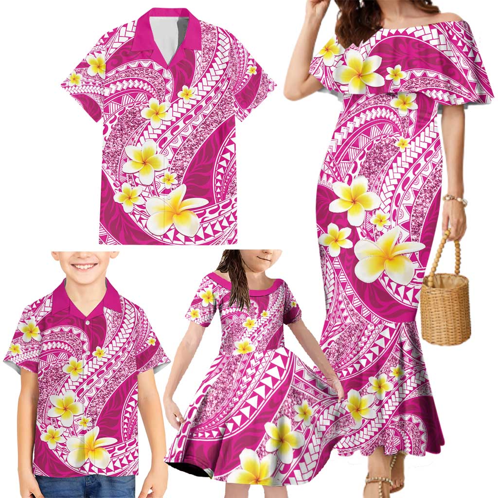 Plumeria Polynesian Pink Glitter Pattern Family Matching Mermaid Dress and Hawaiian Shirt LT01 - Polynesian Pride