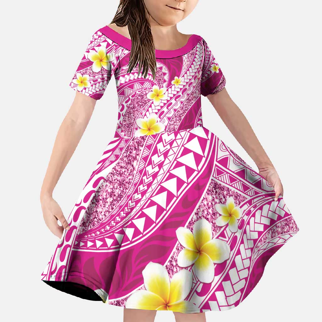 Plumeria Polynesian Pink Glitter Pattern Family Matching Off Shoulder Maxi Dress and Hawaiian Shirt