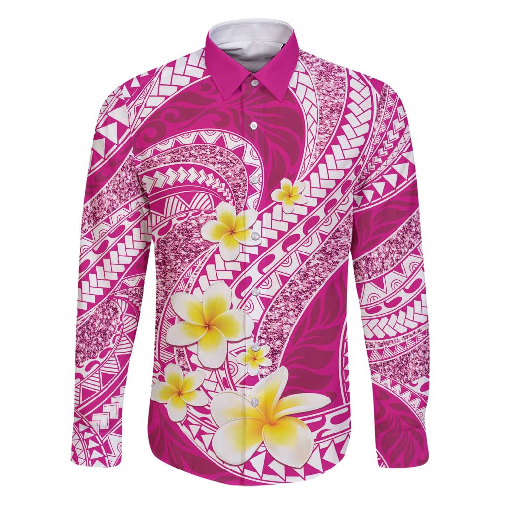 Plumeria Polynesian Pink Glitter Pattern Family Matching Puletasi and Hawaiian Shirt