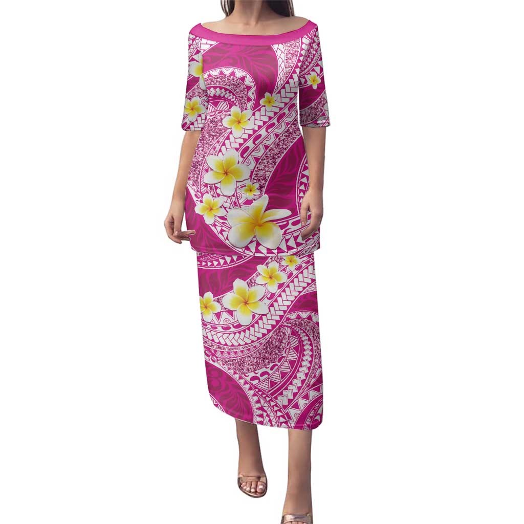Plumeria Polynesian Pink Glitter Pattern Family Matching Puletasi and Hawaiian Shirt