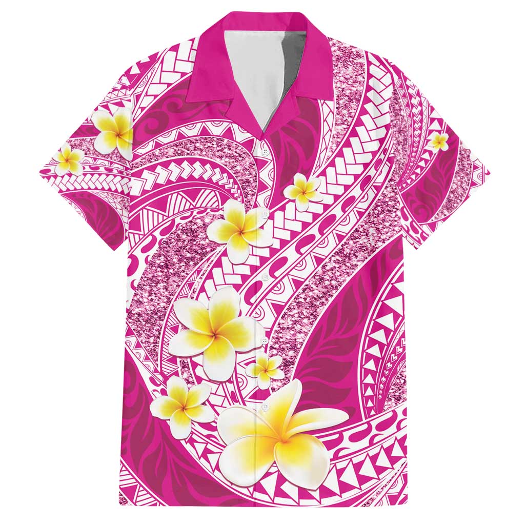 Plumeria Polynesian Pink Glitter Pattern Family Matching Short Sleeve Bodycon Dress and Hawaiian Shirt