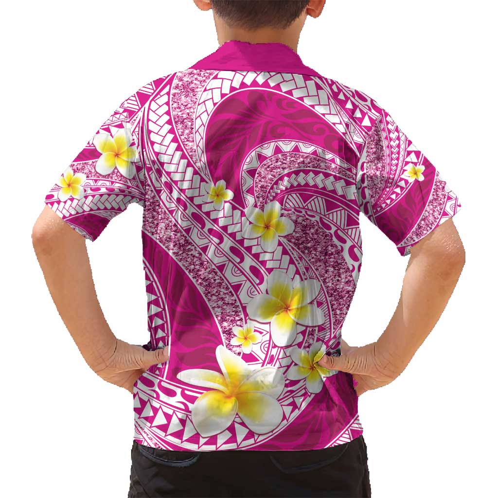Plumeria Polynesian Pink Glitter Pattern Family Matching Tank Maxi Dress and Hawaiian Shirt