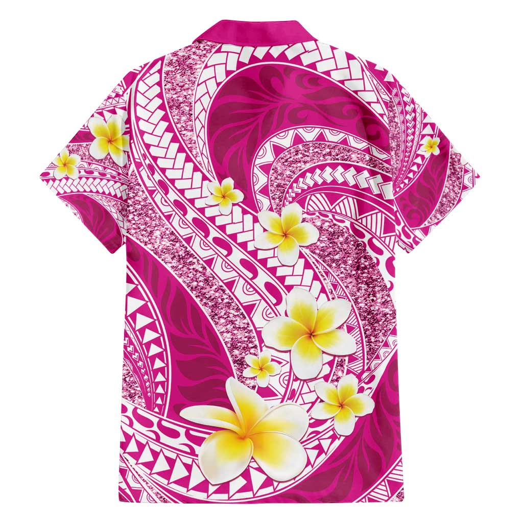 Plumeria Polynesian Pink Glitter Pattern Family Matching Tank Maxi Dress and Hawaiian Shirt