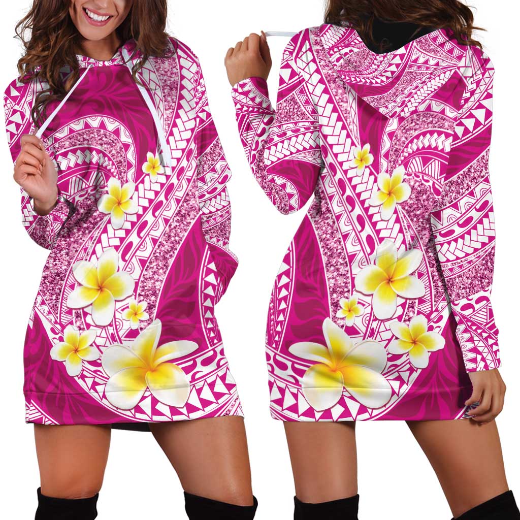 Plumeria Polynesian Pink Glitter Pattern Hoodie Dress