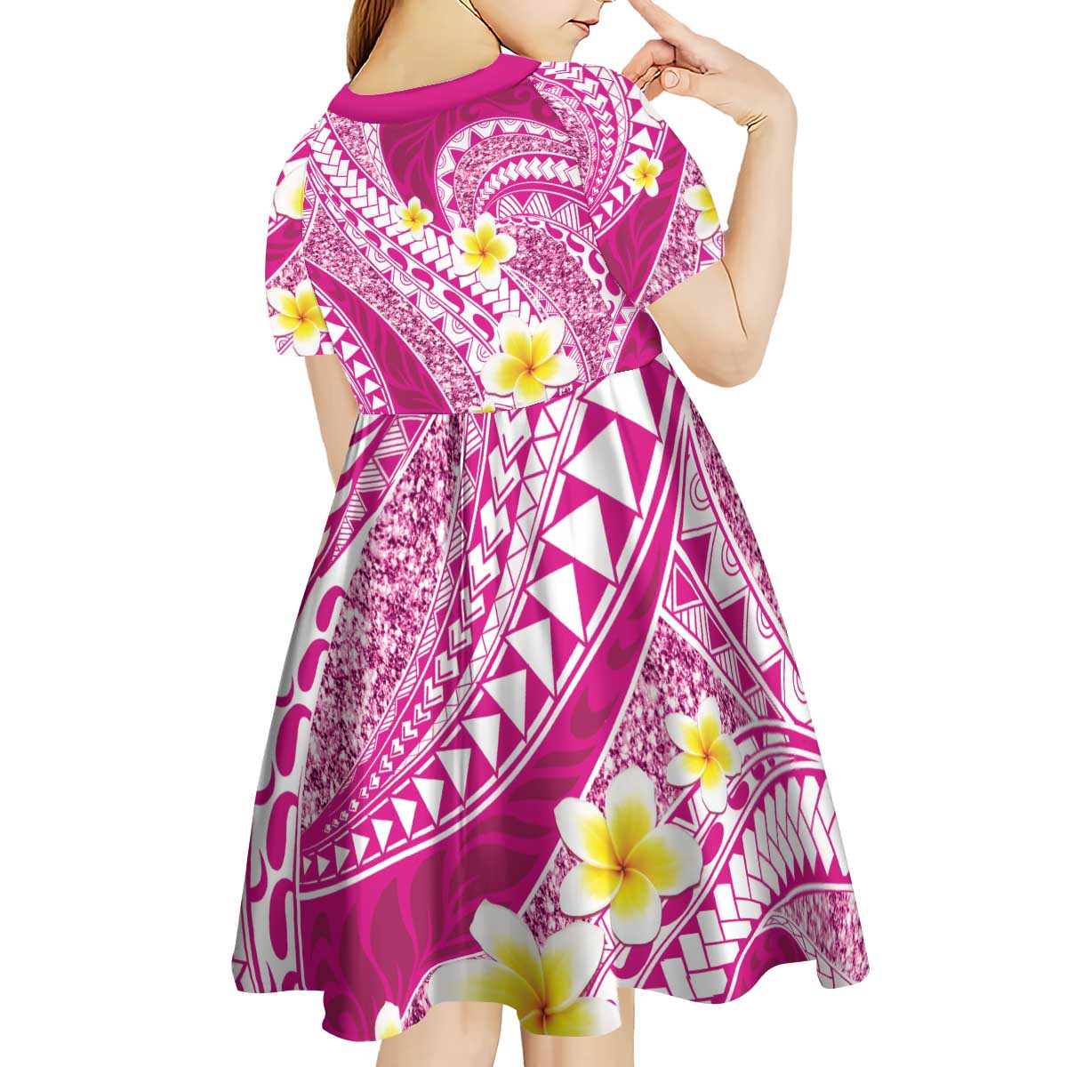 Plumeria Polynesian Pink Glitter Pattern Kid Short Sleeve Dress