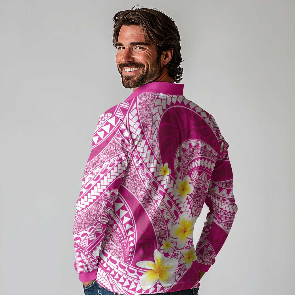 Plumeria Polynesian Pink Glitter Pattern Long Sleeve Polo Shirt