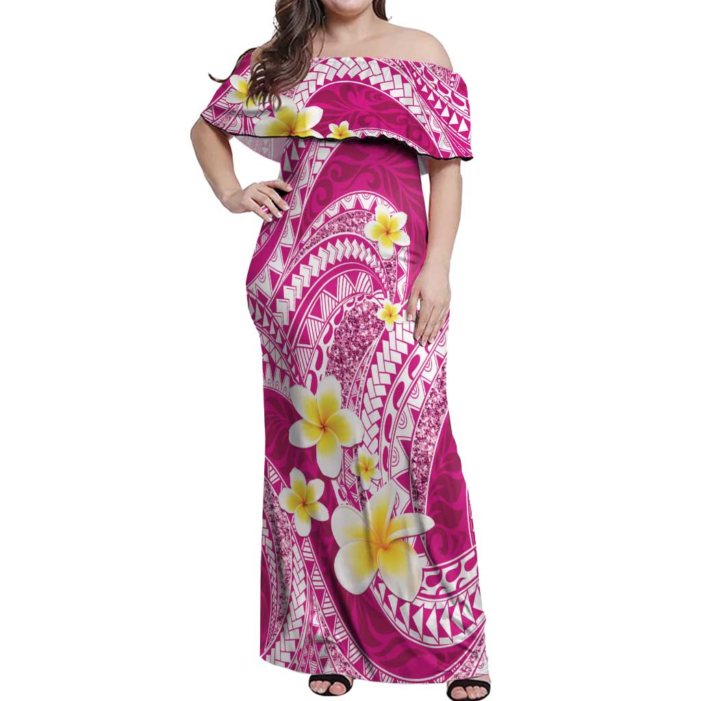 Plumeria Polynesian Pink Glitter Pattern Off Shoulder Maxi Dress