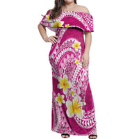 Plumeria Polynesian Pink Glitter Pattern Off Shoulder Maxi Dress