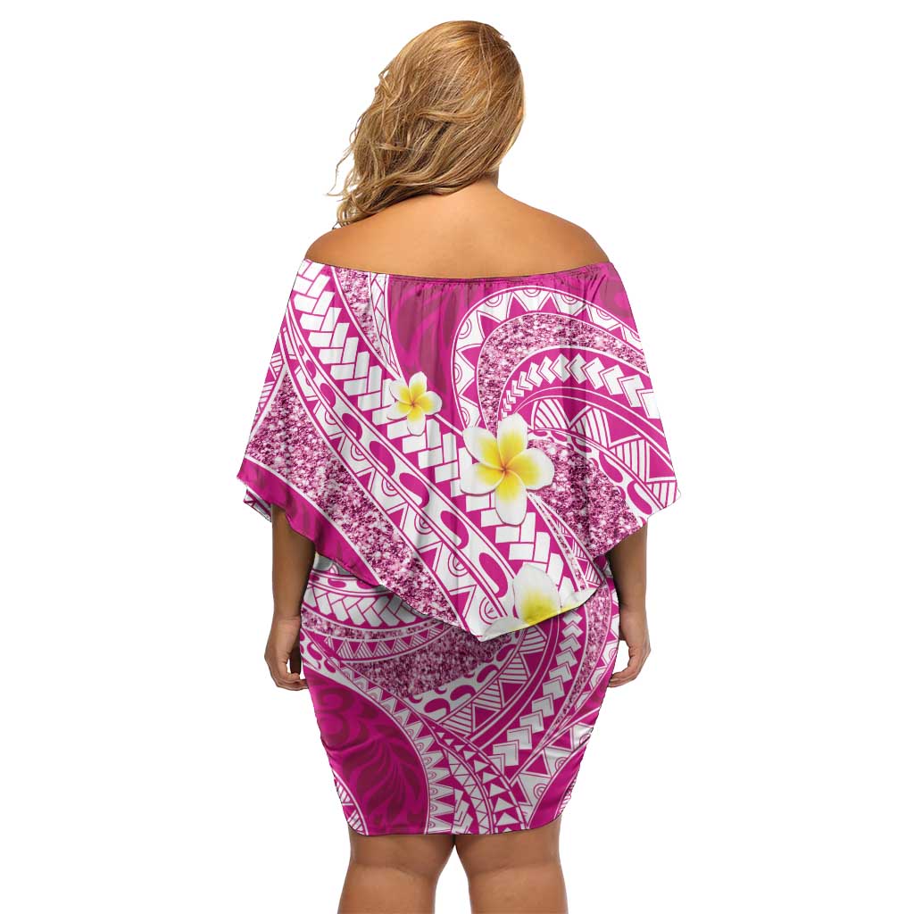 Plumeria Polynesian Pink Glitter Pattern Off Shoulder Short Dress