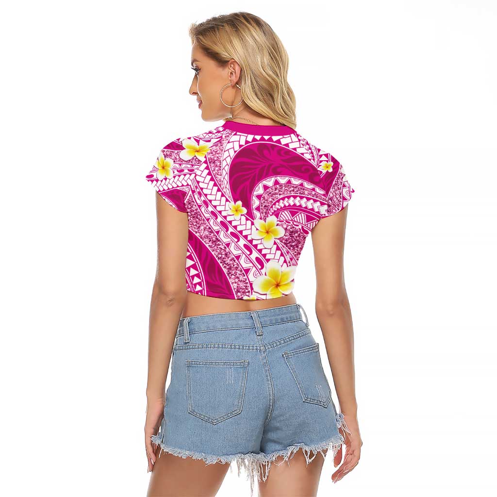 Plumeria Polynesian Pink Glitter Pattern Raglan Cropped T Shirt