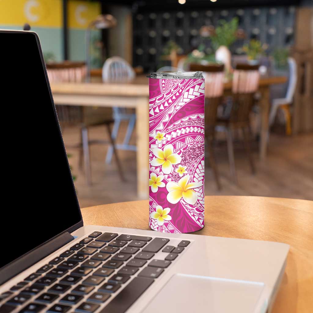 Plumeria Polynesian Pink Glitter Pattern Skinny Tumbler