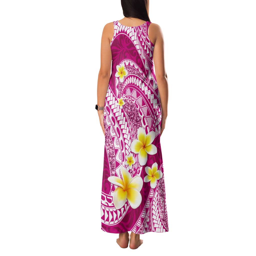 Plumeria Polynesian Pink Glitter Pattern Tank Maxi Dress