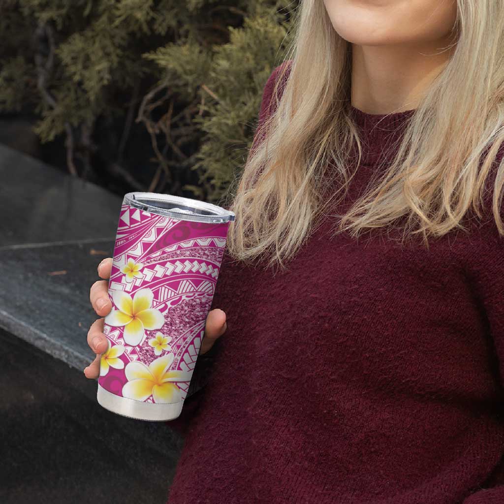 Plumeria Polynesian Pink Glitter Pattern Tumbler Cup