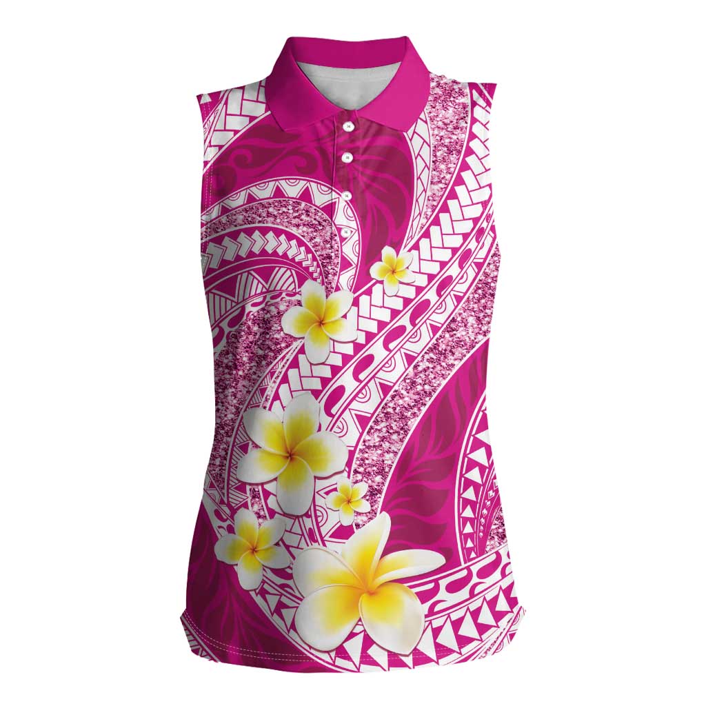 Plumeria Polynesian Pink Glitter Pattern Women Sleeveless Polo Shirt