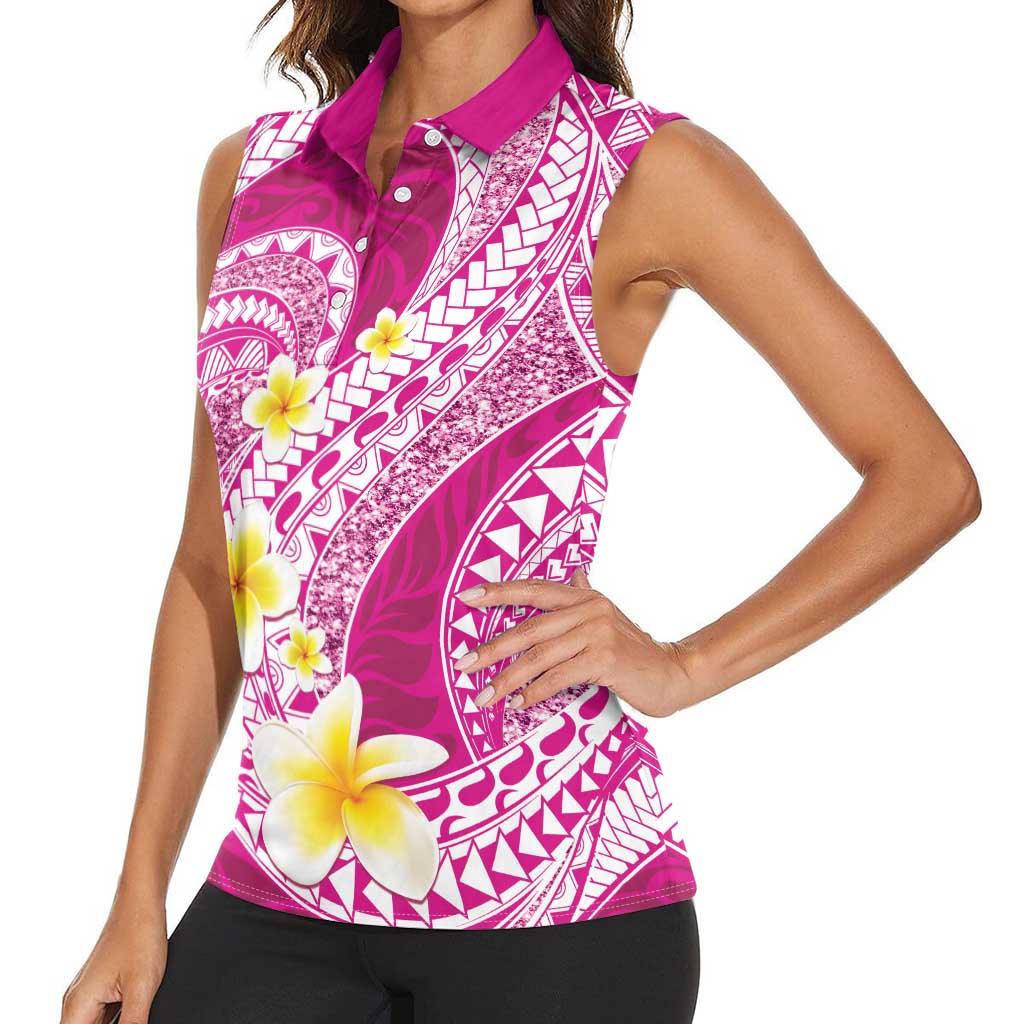 Plumeria Polynesian Pink Glitter Pattern Women Sleeveless Polo Shirt