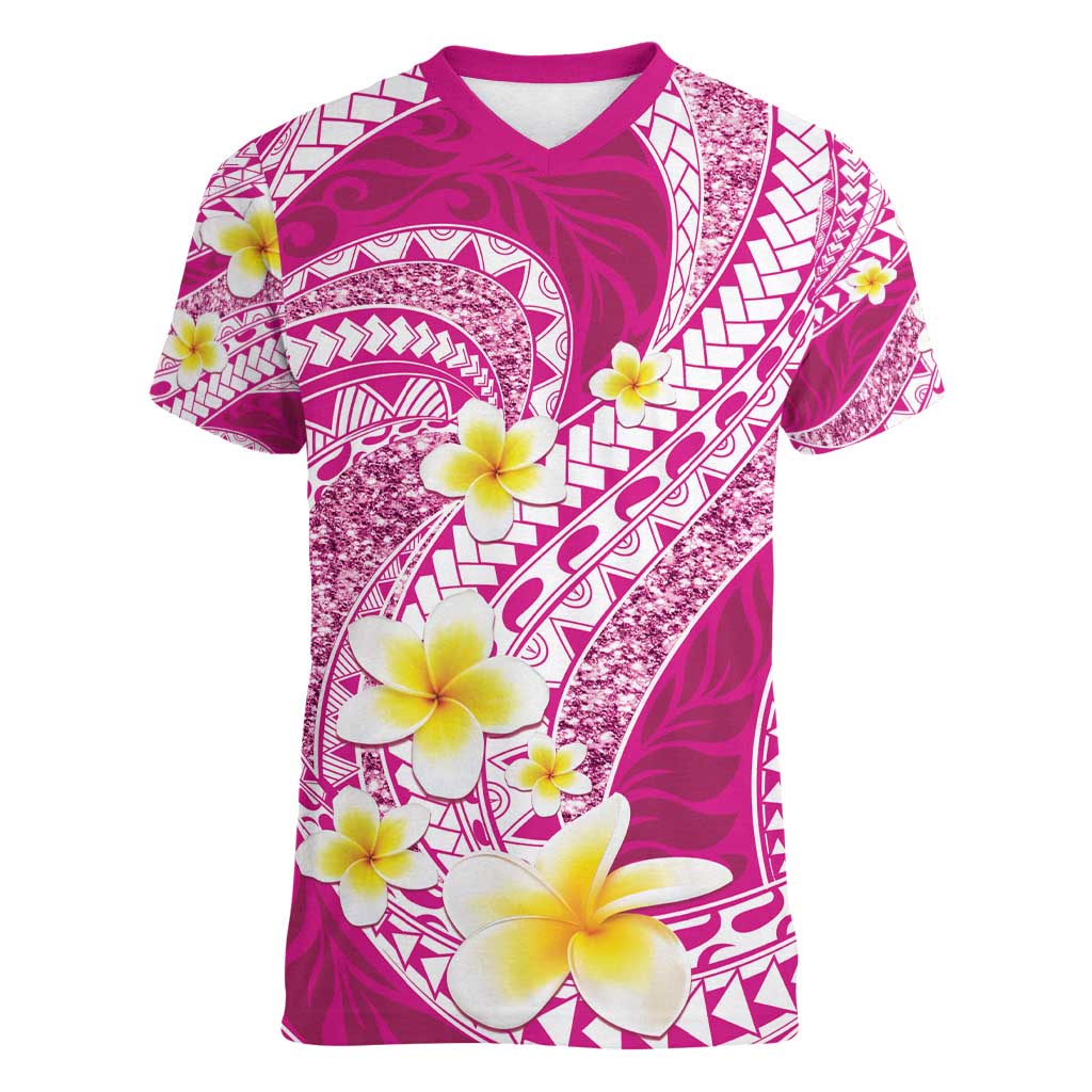 Plumeria Polynesian Pink Glitter Pattern Women V-Neck T-Shirt