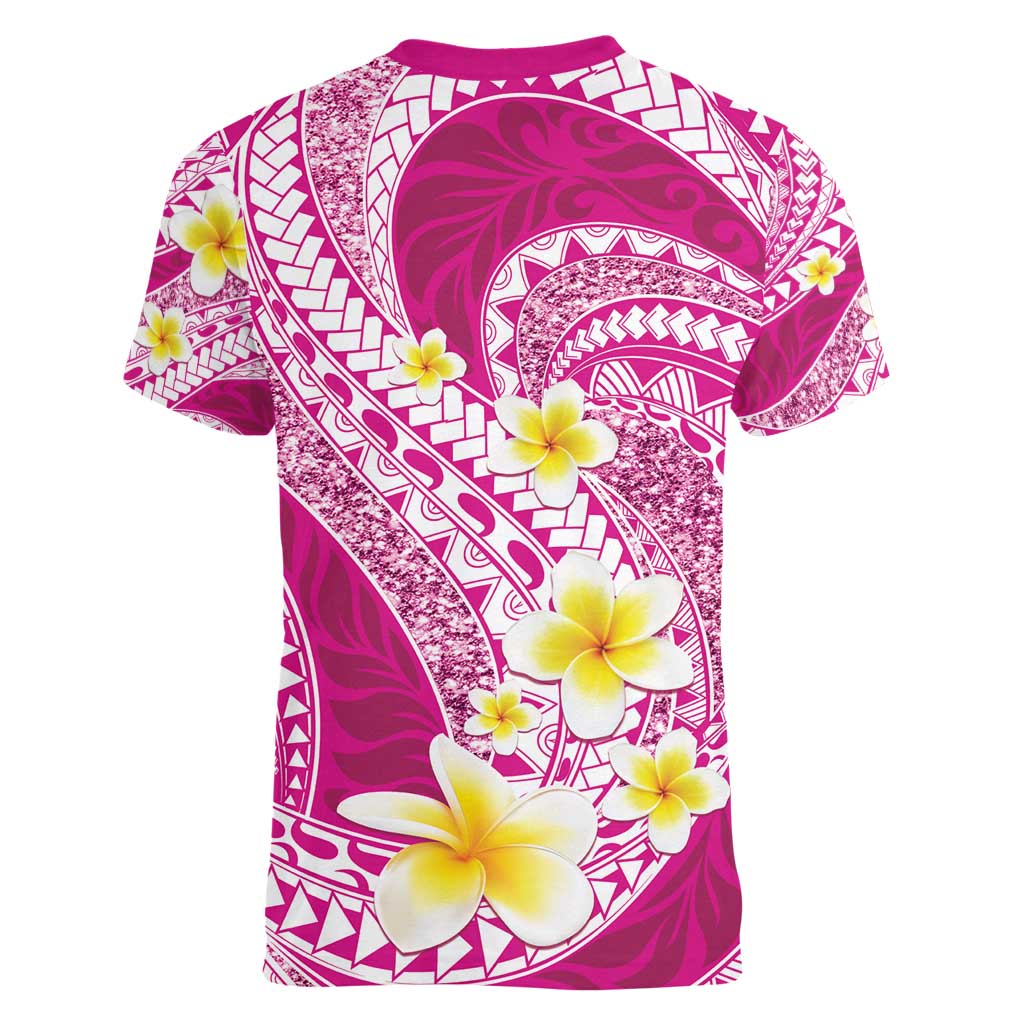 Plumeria Polynesian Pink Glitter Pattern Women V-Neck T-Shirt