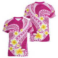 Plumeria Polynesian Pink Glitter Pattern Women V-Neck T-Shirt