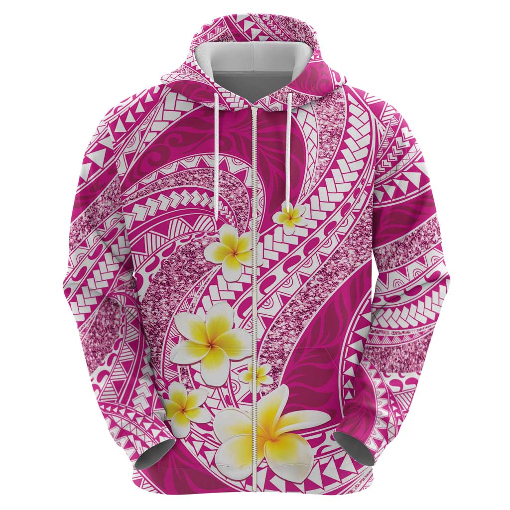 Plumeria Polynesian Pink Glitter Pattern Zip Hoodie
