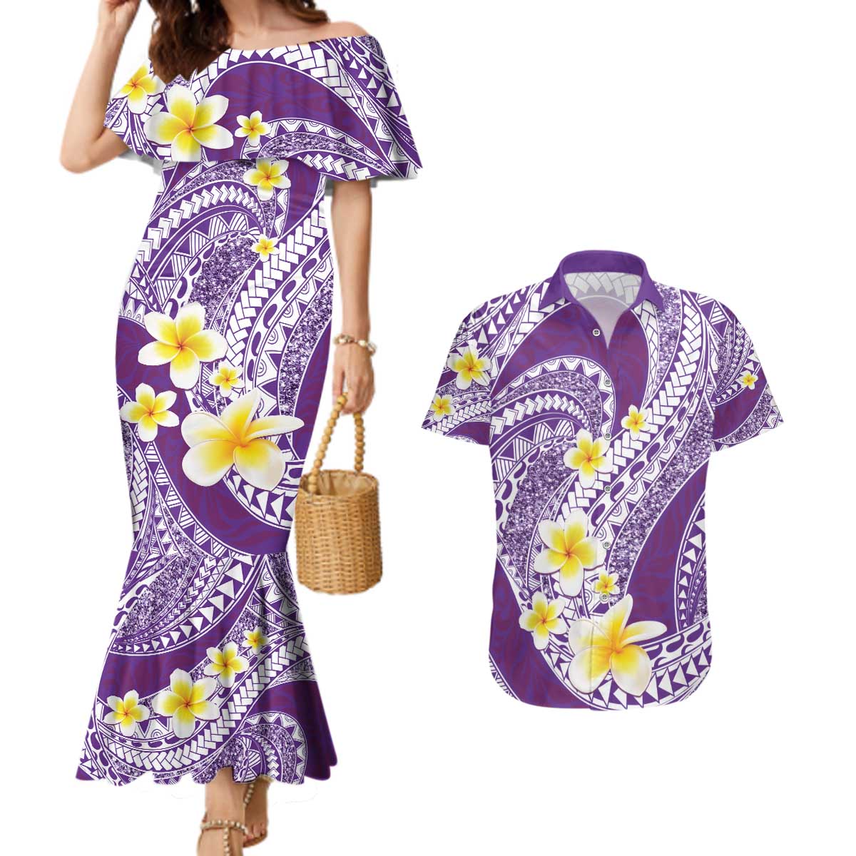 Plumeria Polynesian Purple Glitter Pattern Couples Matching Mermaid Dress and Hawaiian Shirt