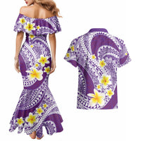 Plumeria Polynesian Purple Glitter Pattern Couples Matching Mermaid Dress and Hawaiian Shirt