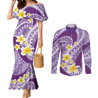 Plumeria Polynesian Purple Glitter Pattern Couples Matching Mermaid Dress and Long Sleeve Button Shirt