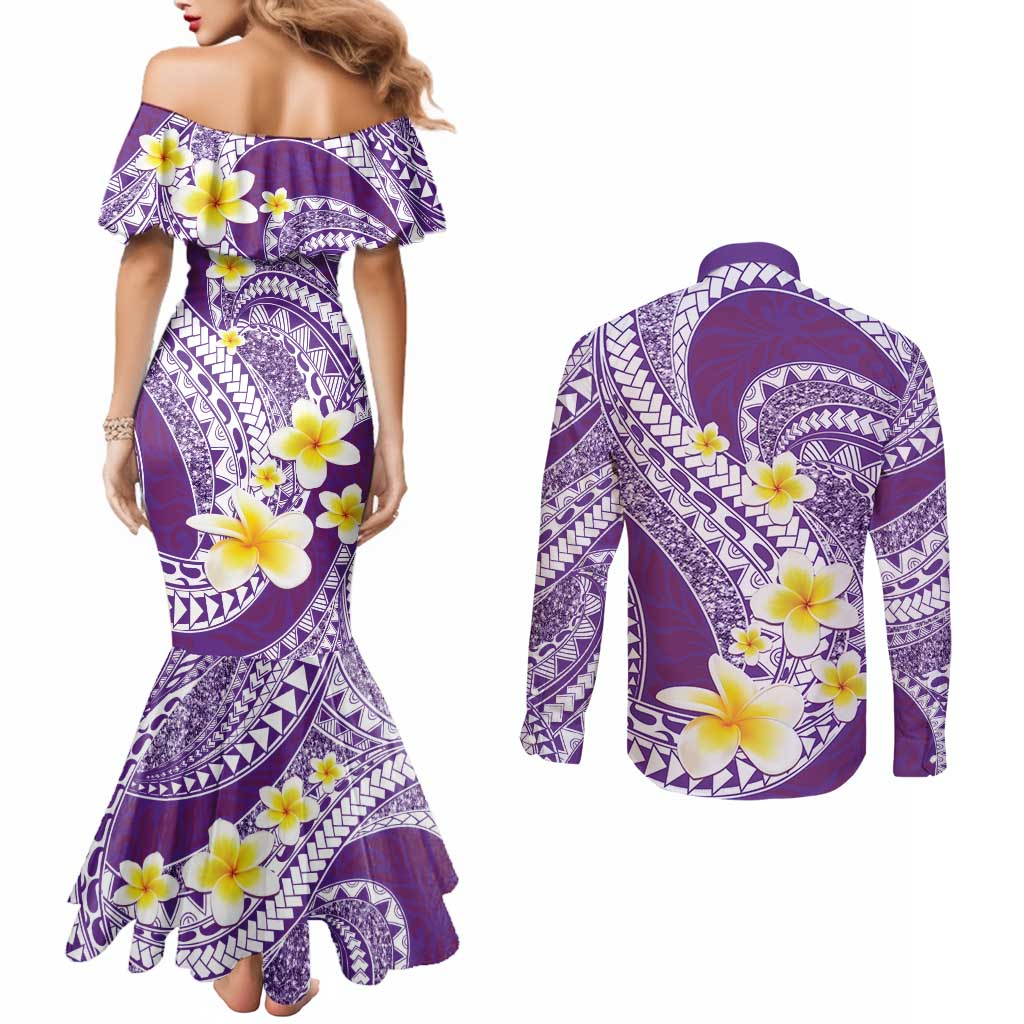 Plumeria Polynesian Purple Glitter Pattern Couples Matching Mermaid Dress and Long Sleeve Button Shirt