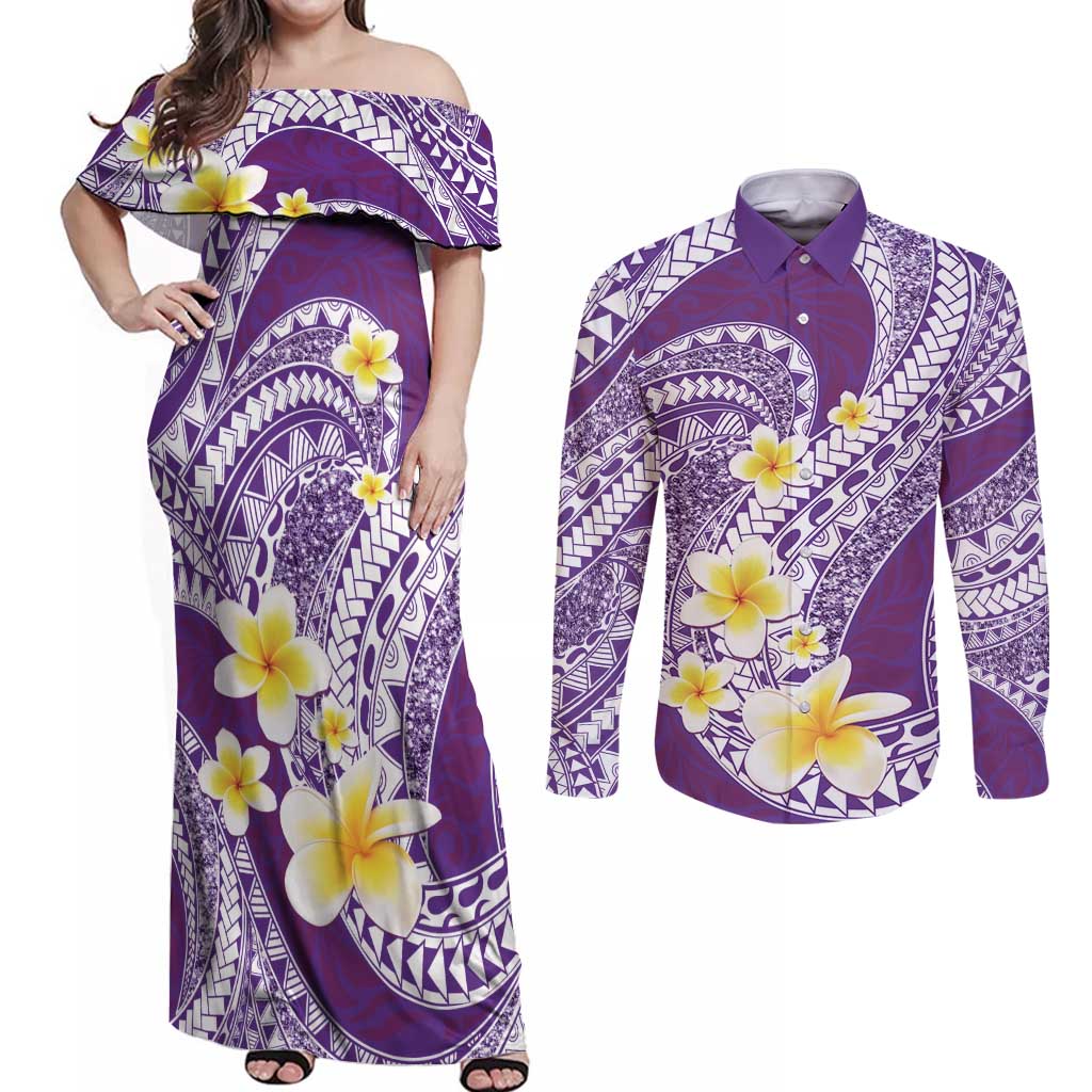 Plumeria Polynesian Purple Glitter Pattern Couples Matching Off Shoulder Maxi Dress and Long Sleeve Button Shirt