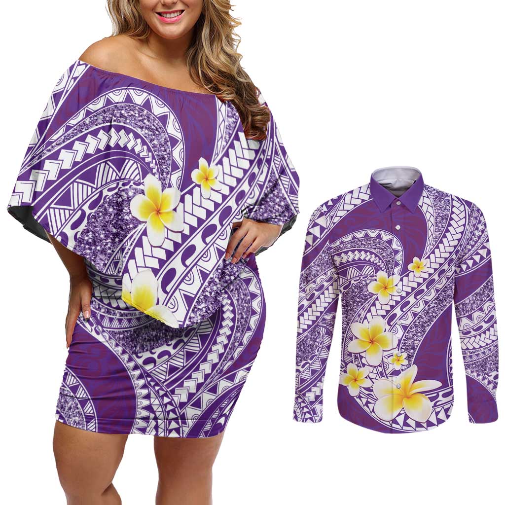 Plumeria Polynesian Purple Glitter Pattern Couples Matching Off Shoulder Short Dress and Long Sleeve Button Shirt