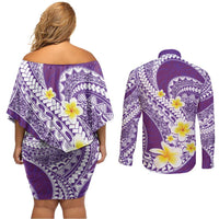 Plumeria Polynesian Purple Glitter Pattern Couples Matching Off Shoulder Short Dress and Long Sleeve Button Shirt