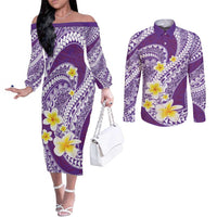 Plumeria Polynesian Purple Glitter Pattern Couples Matching Off The Shoulder Long Sleeve Dress and Long Sleeve Button Shirt