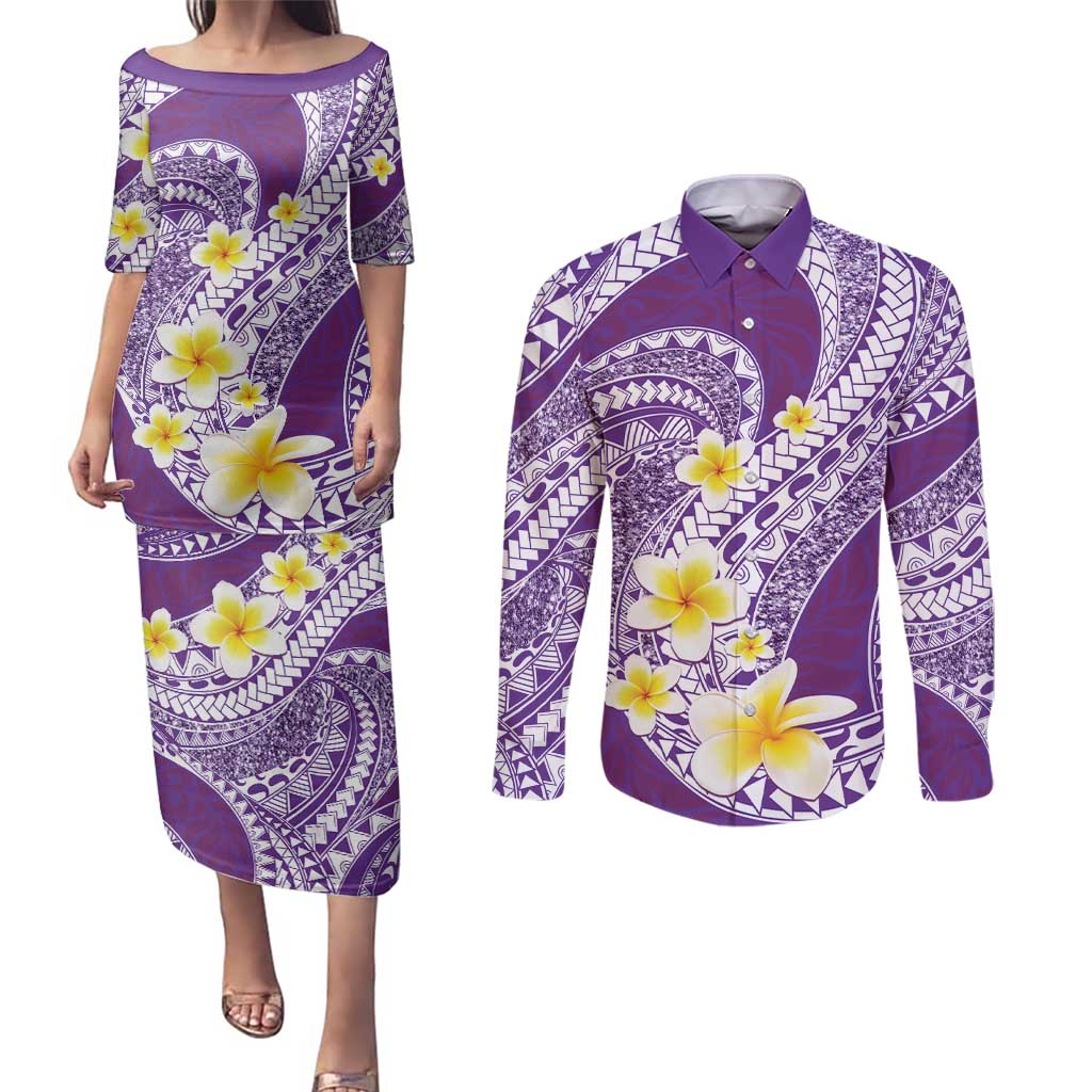 Plumeria Polynesian Purple Glitter Pattern Couples Matching Puletasi and Long Sleeve Button Shirt