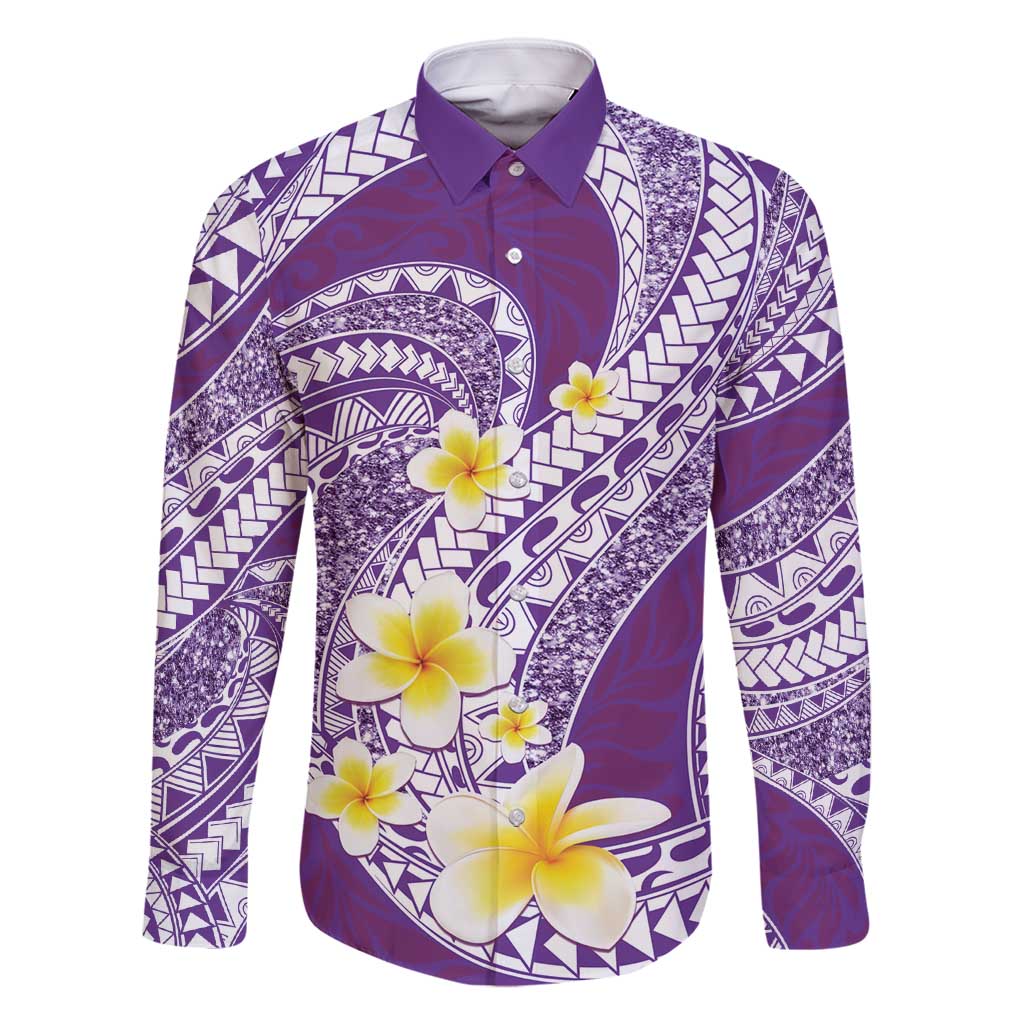 Plumeria Polynesian Purple Glitter Pattern Family Matching Mermaid Dress and Hawaiian Shirt