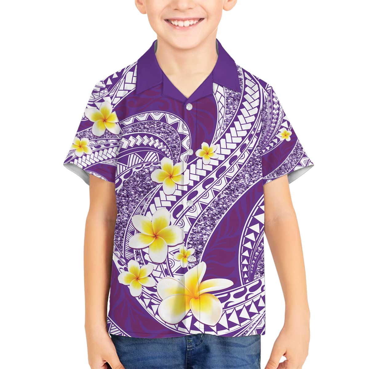 Plumeria Polynesian Purple Glitter Pattern Family Matching Off The Shoulder Long Sleeve Dress and Hawaiian Shirt