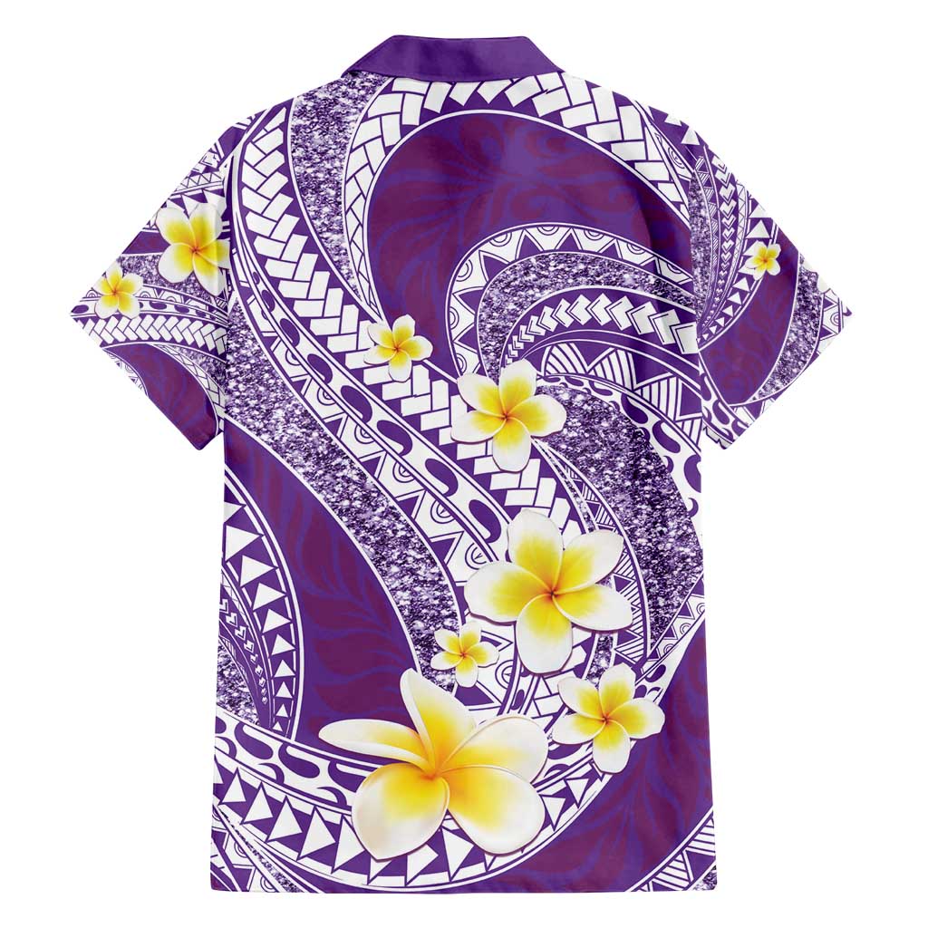 Plumeria Polynesian Purple Glitter Pattern Family Matching Off Shoulder Maxi Dress and Hawaiian Shirt