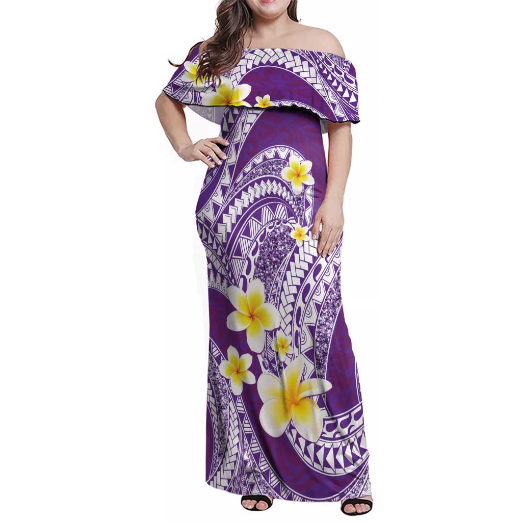 Plumeria Polynesian Purple Glitter Pattern Family Matching Off Shoulder Maxi Dress and Hawaiian Shirt
