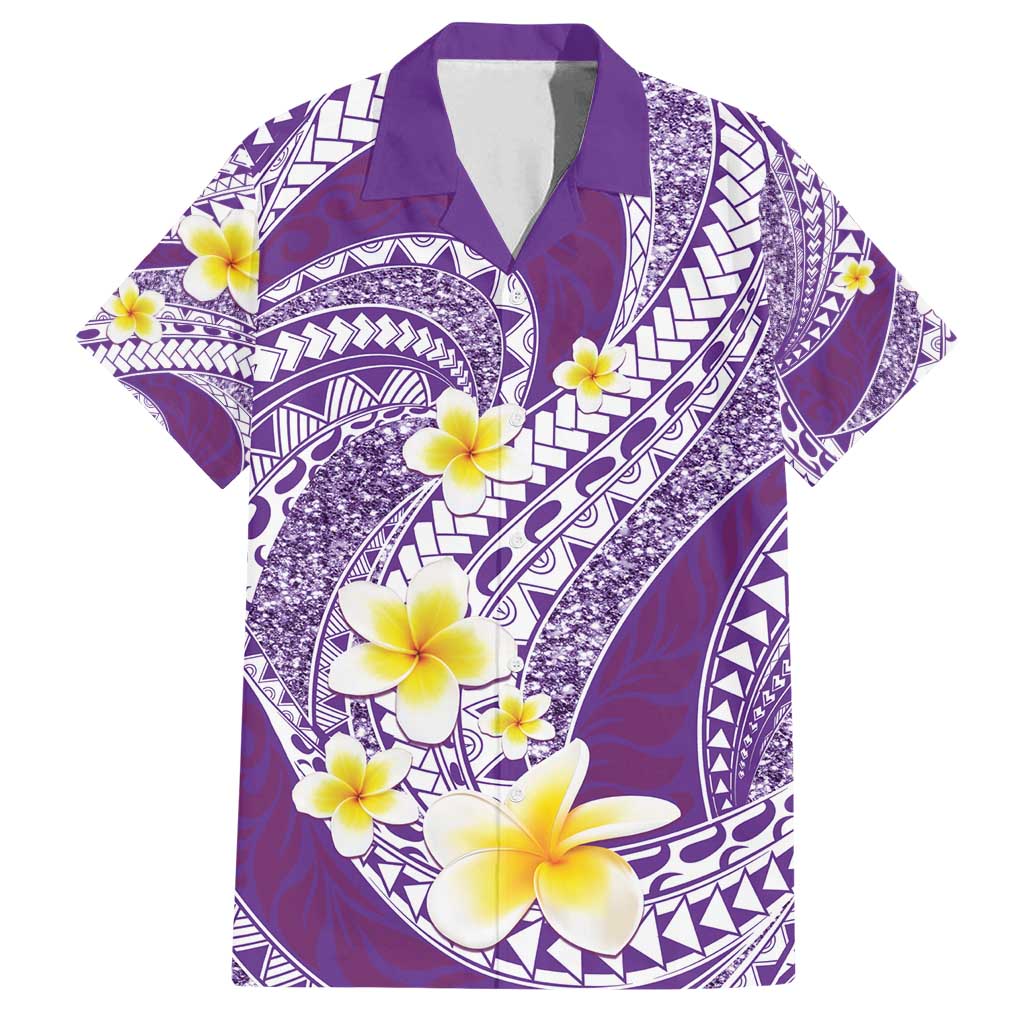Plumeria Polynesian Purple Glitter Pattern Family Matching Tank Maxi Dress and Hawaiian Shirt