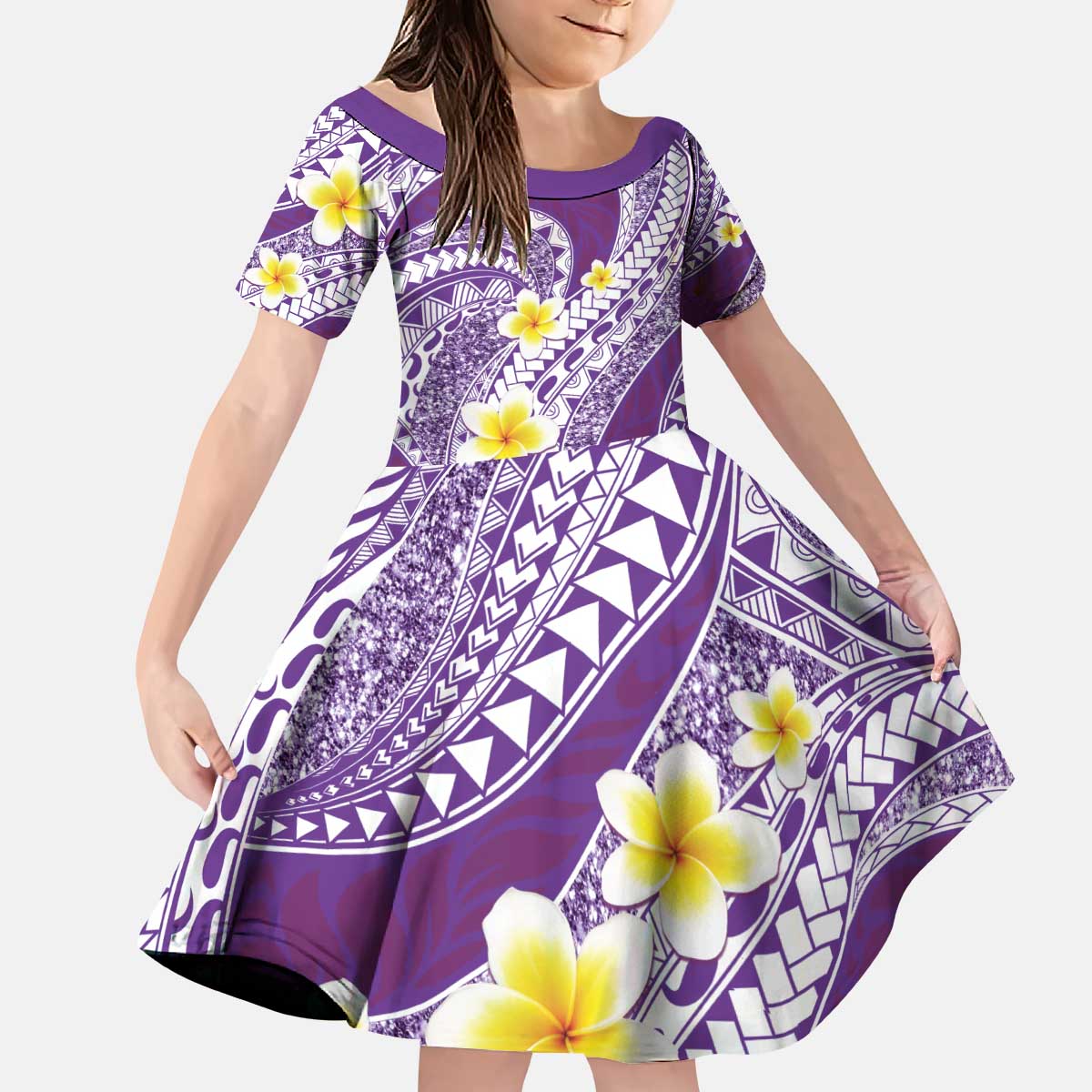 Plumeria Polynesian Purple Glitter Pattern Kid Short Sleeve Dress