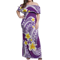Plumeria Polynesian Purple Glitter Pattern Off Shoulder Maxi Dress