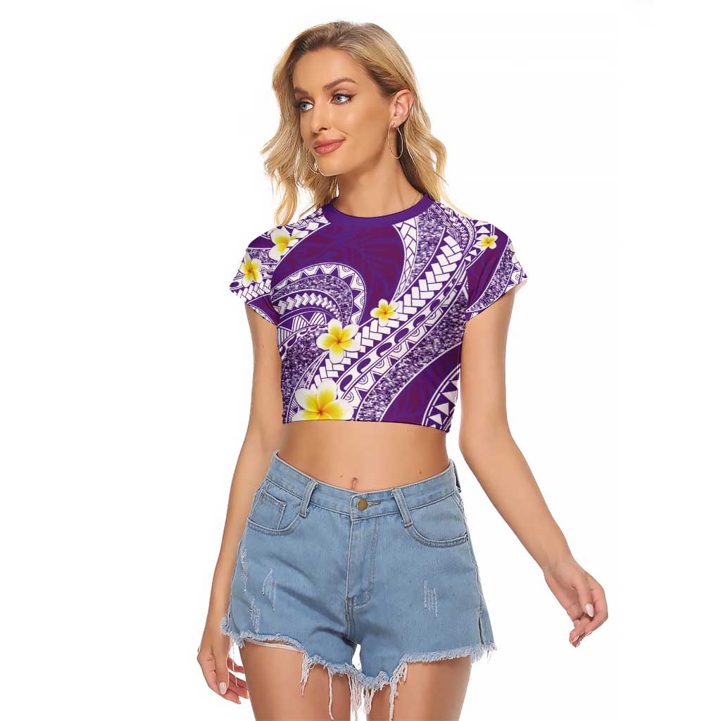 Plumeria Polynesian Purple Glitter Pattern Raglan Cropped T Shirt