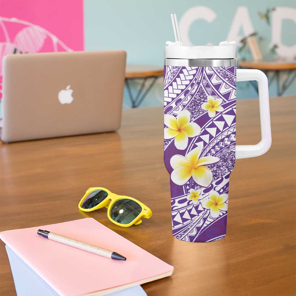 Plumeria Polynesian Purple Glitter Pattern Tumbler With Handle