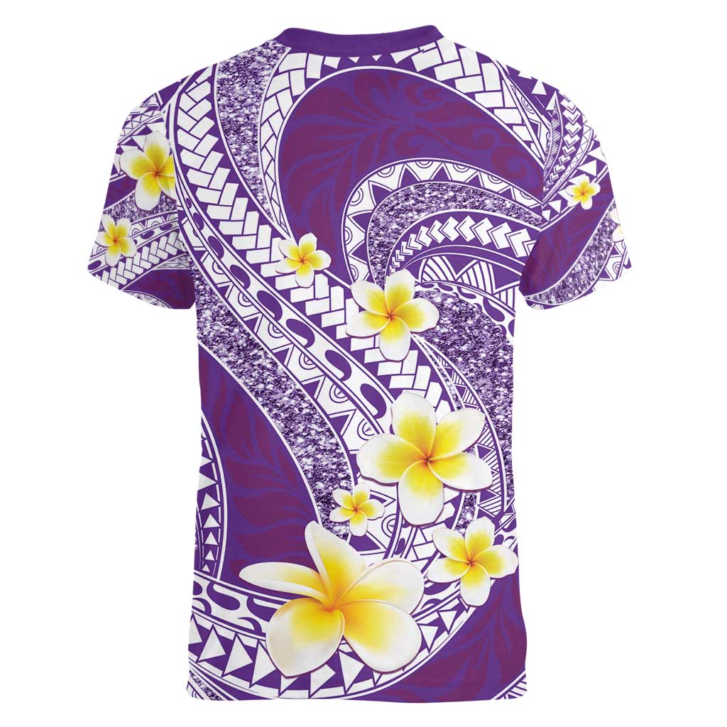 Plumeria Polynesian Purple Glitter Pattern Women V-Neck T-Shirt